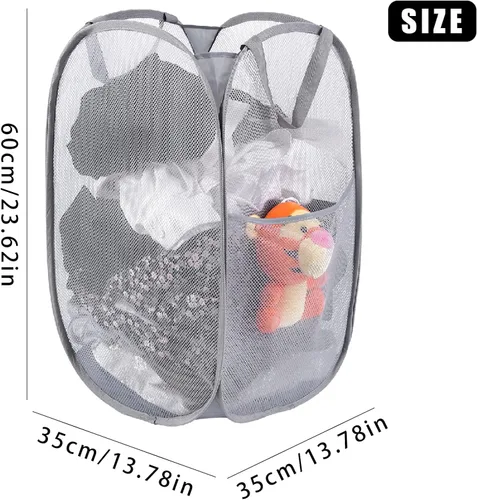 Miniatura 2 de Kimmama Cesta de lavandería plegable grande de malla, plegable con bolsillo lateral, contenedor de almacenamiento de ropa extraíble con asa