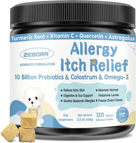 ZEBORA Masticables para alergias para perros, apoyan las alergias estacionales y el alivio de la picazón, probióticos + omega-3 + calostro, para la