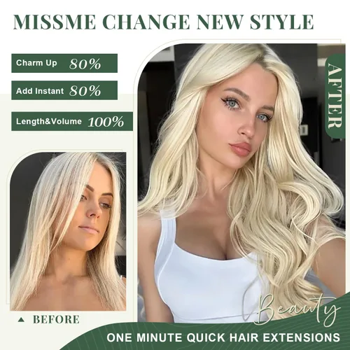 Miniatura 3 de Missme Extensiones de cabello humano real con broches, 14 pulgadas, 4.33 oz, 7 unidades, extensiones de cabello lacio invisible, sin costuras, doble