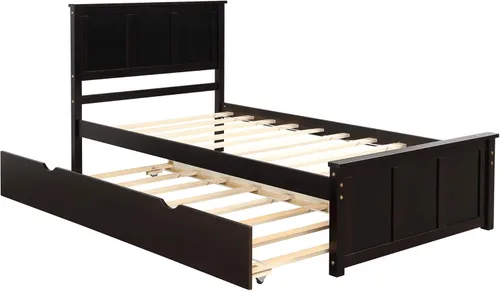 Miniatura 5 de P PURLOVE Cama de plataforma de tamaño individual con nido, marco de cama nido de madera con cabecera y soporte de listones, no necesita somier