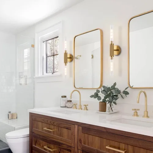 Miniatura 3 de Apliques de pared con textura moleteada dorada de 24" Lámparas modernas cilíndricas para tocador de baño con pantalla de vidrio transparente rayado