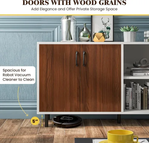 Miniatura 6 de Giantex Aparador de buffet, armario de almacenamiento moderno con 2 puertas y estantes abiertos, armario de cocina de 58 pulgadas con patas