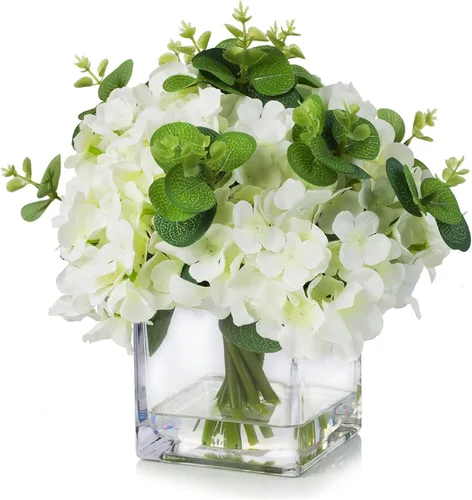 Miniatura 6 de ENOVA FLORAL Flores de hortensias sintéticas con jarrón, mezcla de flores de hortensias falsas y vegetación en jarrón con agua sintética