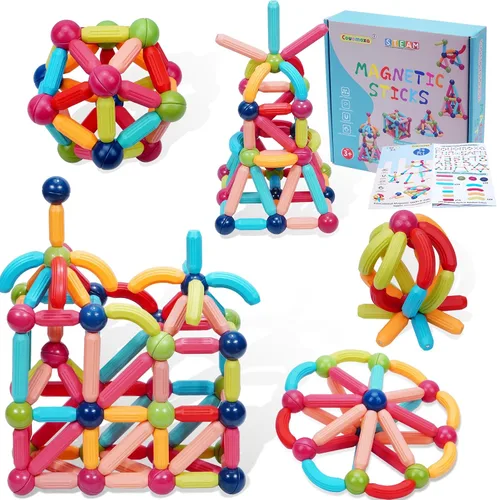 Miniatura 10 de COUOMOXA Bloques de construcción magnéticos para niños pequeños: juguetes educativos STEM para niños de 3, 4 y 5 años, juego Montessori de palo
