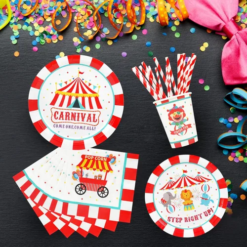 Miniatura 3 de Suministros de fiesta para Carnaval Decoraciones, juego de platos y servilletas de papel con temática de circo para cumpleaños con tazas y pajitas