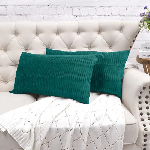 Miniatura 30 de Juego de 2 fundas de almohada decorativas de terciopelo a rayas plisadas de 14 x 26 pulgadas, funda de cojín rectangular suave y elegante para sofá