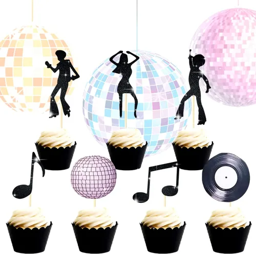 LaVenty Decoración para cupcakes de discoteca de los años 70, decoración de cupcakes de discoteca de los años 70, decoración de fiesta de fiebre del