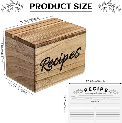 Miniatura 2 de Hoteam Caja de Recetas de Madera con Tarjetas, Soporte para Tarjetas de Recetas de Madera Rústica con 50 Piezas, Juego de Tarjetas de 5 x 7, Caja