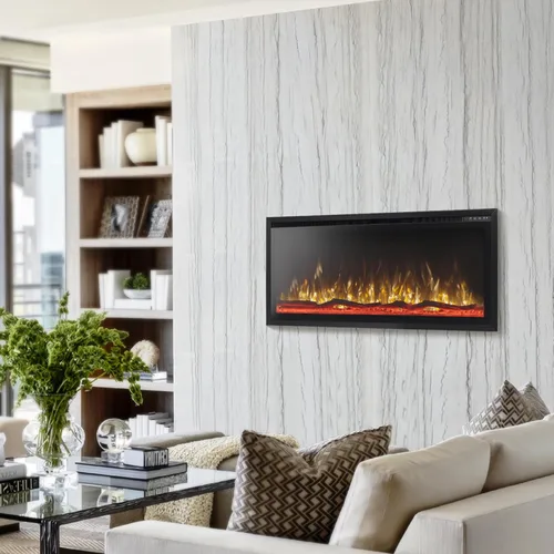 Miniatura 2 de GREEN PARTY Chimenea eléctrica empotrada/montada en la pared de 42 pulgadas con bisel ultra estrecho, calentador de chimenea con opciones de troncos