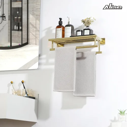 Miniatura 6 de Alise Toallero, toallero con barras dobles para toallas, soporte de torre de montaje en pared para baño y lavabo, estante de toalla de acero Dorado