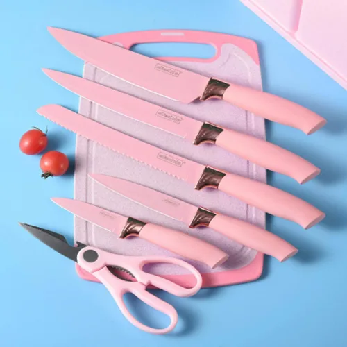 Miniatura 6 de Juego de cuchillos de cocina con bloque, juego de utensilios de cocina de silicona rosa de 19 piezas y juego de cuchillos de acero inoxidable