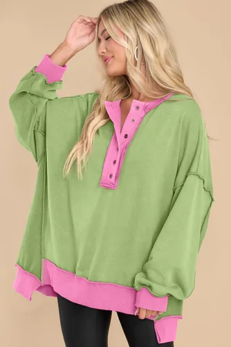 Miniatura 69 de AlvaQ - Sudadera de gran tamaño para mujer, informal, de manga larga, con botones y cuello Henley, tipo túnica