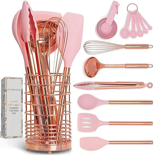Miniatura 12 de Juego de utensilios de cocina de silicona y cobre blanco con soporte - 17 piezas de elegantes herramientas de cocina en color oro rosa para Blanco