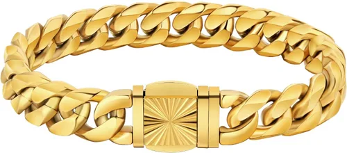 Miniatura 11 de KRKC&CO - Pulsera de eslabones cubanos de 12/0.551 in para hombre, chapada en oro de 18 quilates, cruz, brújula, calaveras redondas, cierre tallado