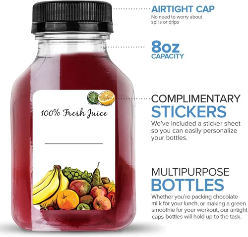 Miniatura 4 de Botellas de jugo de 8 onzas con tapas, recipientes reutilizables de plástico transparente para bebidas (paquete de 12) - Mini botellas de agua