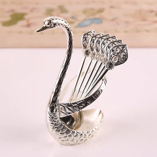 Miniatura 2 de Juego de cuchara de café con soporte, soporte para cuchara y tenedor de cisne, elegante y encantador kit de servicio decorativo para cucharas