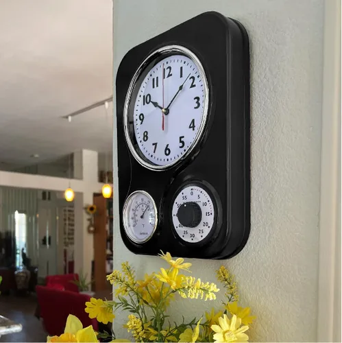 Miniatura 5 de Lily's Home - 9.5 pulgadas x 12.5 pulgadas - Reloj de pared retro para cocina, reloj de pared vintage con termómetro y temporizador de 60 minutos