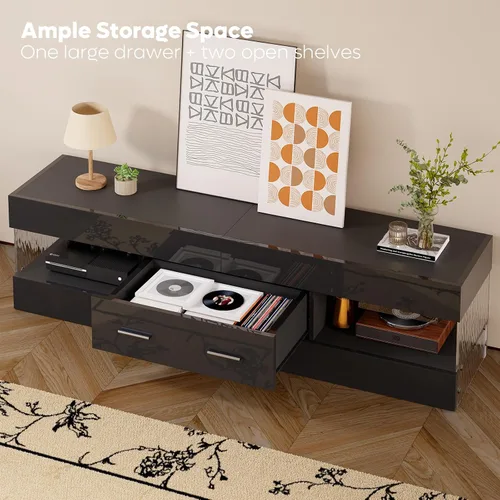Miniatura 5 de Bestier Soporte de TV negro para TV de 55/60/65 pulgadas, soporte de TV moderno de alto brillo con paneles laterales con estampado de piedra, centro