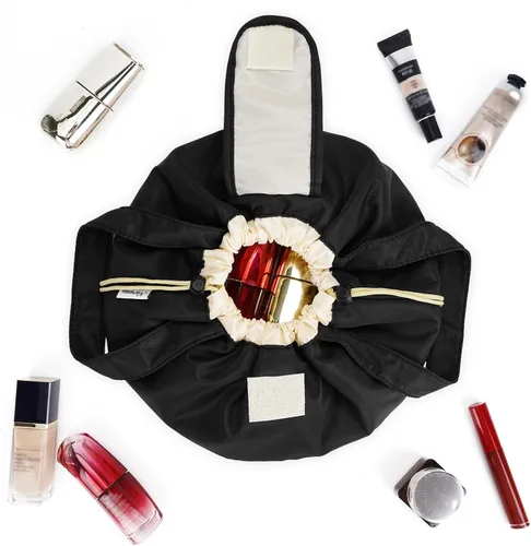 Miniatura 7 de Bolsa de maquillaje con cordón en forma de barril grande, bolsa de cosméticos, organizador de artículos de tocador para mujeres, A-Negro