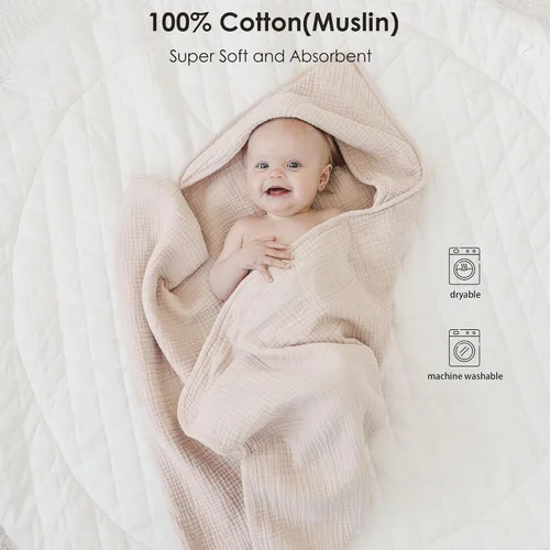 Miniatura 4 de MairMore Toallas de muselina para bebé con capucha para recién nacido, toallas de baño para bebé 100% algodón, suaves y absorbentes, toalla de bebé