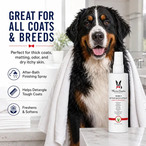 Miniatura 6 de Warren London Aerosol 10 en 1 para después del baño para perros, acondicionador y desenredante para perros, espray de aseo para mascotas con aloe
