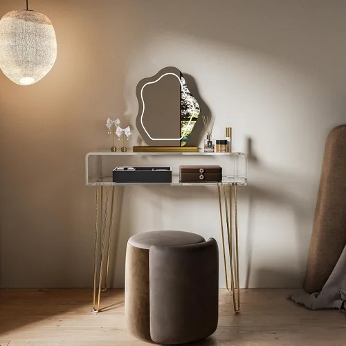 Miniatura 7 de Eglaf - Escritorio de acrílico para tocador, pequeña mesa de maquillaje con patas de metal dorado Clear Dressing Table for Bedroom, Dressing Room