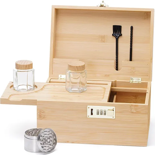 Youpehom Caja grande de bambú, caja de almacenamiento decorativa con cerradura de combinación, caja de madera con cerradura y tapa, caja de
