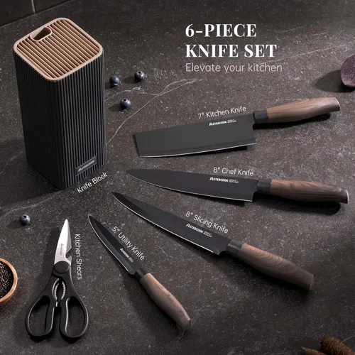 Miniatura 2 de Astercook Juego de cuchillos de cocina de 6 piezas con bloque, cuchillos de cocina ultra afilados de acero inoxidable de alto carbono, mango de Negro