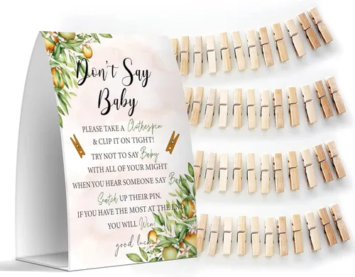 Miniatura 12 de Juego de texto en inglés "Don't Say Baby", un letrero de 5 x 7 pulgadas y 50 mini pinzas para la ropa, juegos de baby shower, decoración de baby