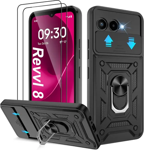 Miniatura 50 de ATUMP Funda para T-Mobile Revvl V Plus 5G con protector de pantalla HD con cubierta de cámara deslizante, soporte de anillo de rotación de 360° Negro