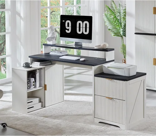 Miniatura 7 de JXQTLINGMU Escritorio ejecutivo moderno de 58 pulgadas con almacenamiento, escritorio de madera para oficina en casa con 5 cajones y 1 gabinete