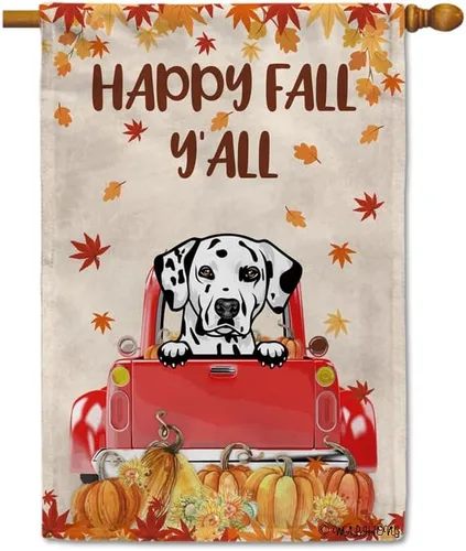 Miniatura 9 de Bandera con texto en inglés «Happy Fall Y'all» con diseño de perro inteligente con calabaza en camión rojo y hojas de arce, pancarta de otoño