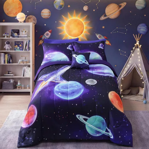 Miniatura 25 de Juego de edredón para niños Kaleido Space tamaño individual para niños, juego de ropa de cama para niños con luz en la oscuridad para jugadores, 1