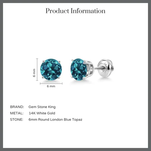 Miniatura 5 de Gem Stone King Aretes de tuerca de oro blanco de 14 quilates con piedra natal redonda de 0.236 in Aretes de oro blanco para mujer