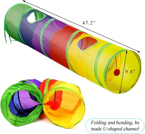 Miniatura 6 de Andiker Túnel para gatos de interior, tubo plegable de arco iris de 45 pulgadas de largo con una divertida bola y 2 agujeros, túnel de conejo