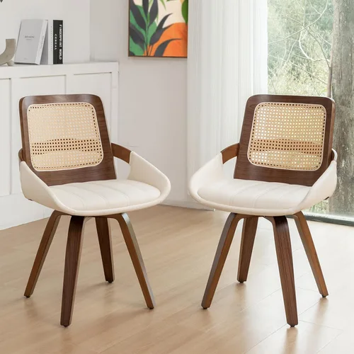 Miniatura 17 de Juego de 2 sillas de comedor de ratán verde, sillas de comedor modernas de mediados de siglo con marco de madera curvada de nogal, respaldo Nogal