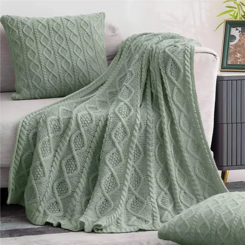 Miniatura 12 de Homiest Juego de 3 mantas y almohadas de punto trenzado, color blanco crema, manta de punto (50 x 60 pulgadas) y 2 fundas de almohada