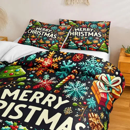 Miniatura 3 de Herside Juego de funda de edredón de Navidad, tamaño Queen, colorido patrón navideño impreso, bonita decoración navideña, microfibra suave, funda
