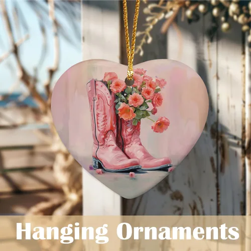 Miniatura 2 de Adorno rosa de vaquera occidental, adornos de corazón de vaquera occidental para decoración de fiesta de árbol de Navidad, botas de vaquero florales