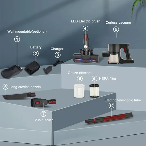Miniatura 7 de Aspiradora inalámbrica, potente motor sin escobillas, aspiradora ligera 6 en 1, montaje en pared con pantalla LED y luz de mopa de motor para pelo