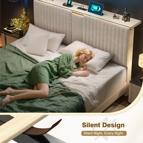 Miniatura 4 de Homkdom Base de cama Queen con cabecera de almacenamiento de terciopelo, 2 cajones grandes y 3 puertos de carga, base de cama de plataforma de 51.3