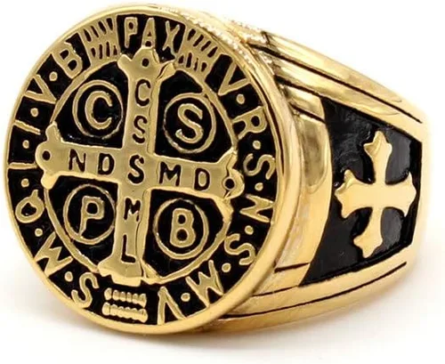 Miniatura 4 de Anillo de cruz católico de San Benito para hombre, medalla de exorcismo de acero inoxidable