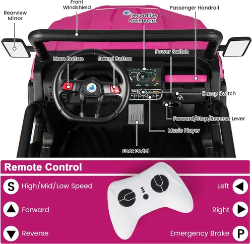 Miniatura 4 de Costzon Camión volquete con control remoto, UTV eléctrico de 12 V para niños con cama volquete eléctrica, función de balanceo, pala, 4 suspensiones