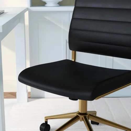 Miniatura 8 de Martha Stewart Ivy - Silla giratoria sin brazos para oficina en casa en piel sintética negra con marco de latón pulido