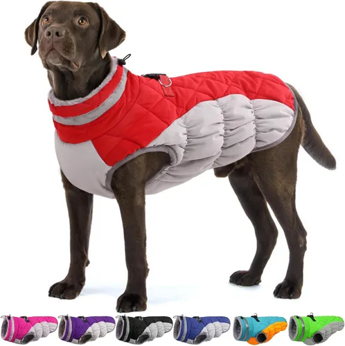 Miniatura 21 de Abrigo de invierno para perro, chaqueta grande para perro, chaqueta impermeable para mascotas con cremallera trasera, abrigo para mascotas con arnés