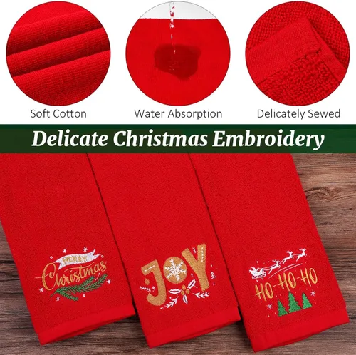 Miniatura 3 de MCEAST Paquete de 3 toallas de mano navideñas de gran tamaño de 25 x 14 pulgadas, toallas de cocina de Navidad 100% algodón, toallas decorativas Rojo