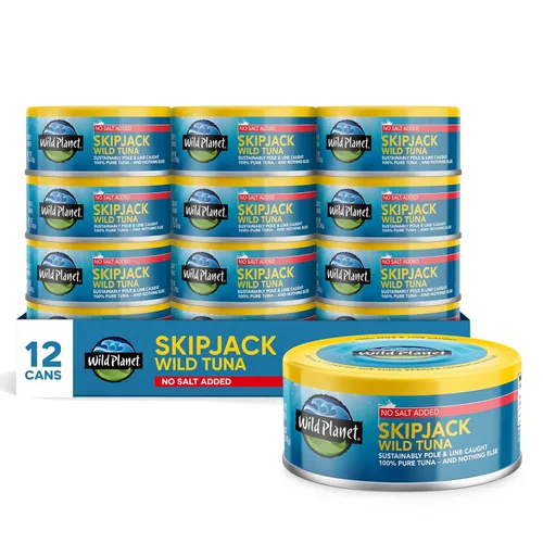 Miniatura 9 de Wild Planet - Atún Skipjack Salvaje, Sal Marina, Atún Enlatado, Atrapado con Caña e Hilo de Forma Sostenible, Sin Transgénicos, Kosher, Lata de 5