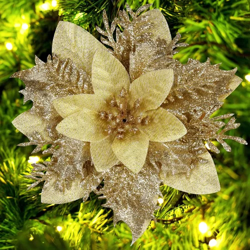 Miniatura 6 de FurRain Flores Artificiales de Navidad de Poinsettia 5.5" Guirnalda de Árbol de Navidad 12 Piezas Flores con Brillantina Adornos para Navidad Nueva