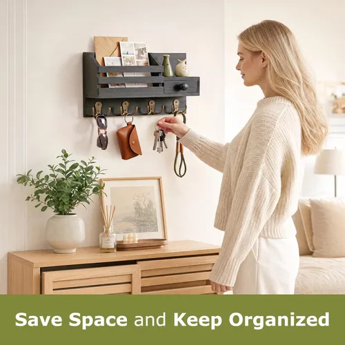 Miniatura 2 de Soporte para llaves de pared, organizador de correo adhesivo de madera y llaves con cajón, estante pequeño, 8 ganchos, 2 métodos de instalación
