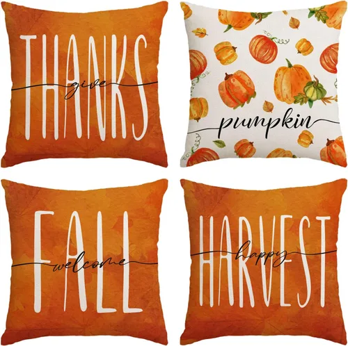Miniatura 13 de Juego de 4 fundas de almohada de otoño de 12 x 12 pulgadas, fundas de almohada de calabazas de Acción de Gracias, fundas de cojín decorativas